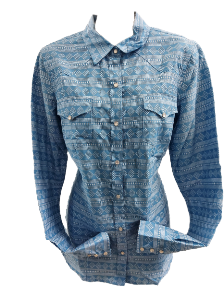 Roper Womens Long Sleeve Blue Print Western Snap Shirt